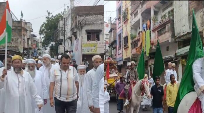 धर्मिक ध्वज के साथ तिरंगा लहराकर -उत्साह के साथ निकला ईद मिलादुन्नबी का जुलुस